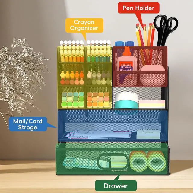 Alt view image 3 of 7 - Mesh Pen Organizer for Desk, 13 Compartments with Drawer, Black