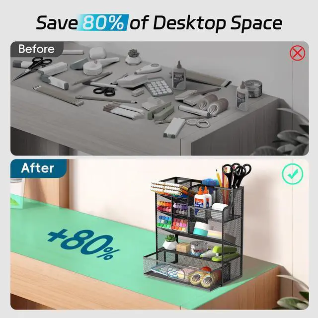 Alt view image 5 of 7 - Mesh Pen Organizer for Desk, 13 Compartments with Drawer, Black