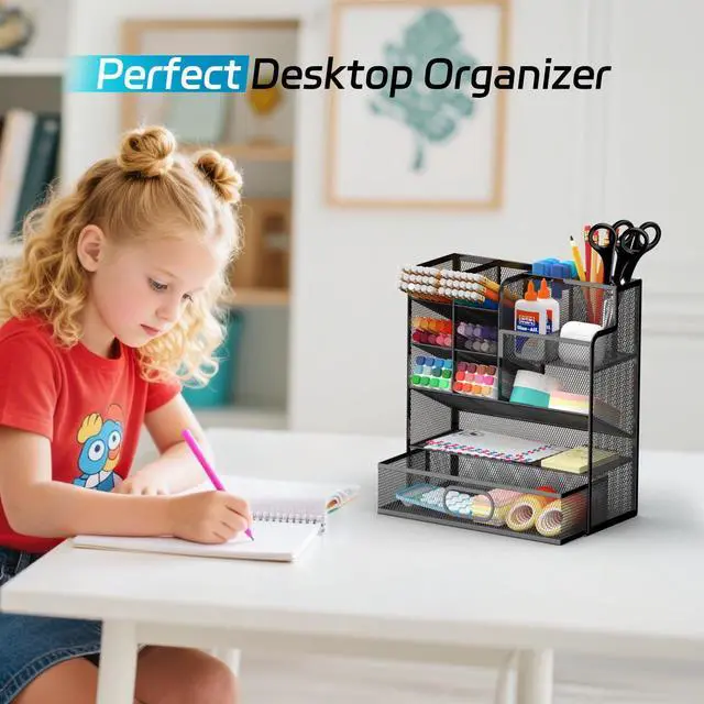 Alt view image 6 of 7 - Mesh Pen Organizer for Desk, 13 Compartments with Drawer, Black