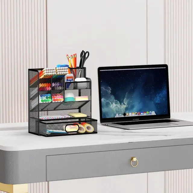 Alt view image 7 of 7 - Mesh Pen Organizer for Desk, 13 Compartments with Drawer, Black