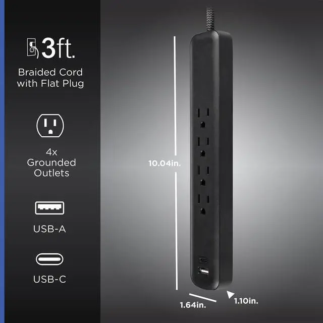 Alt view image 2 of 6 - Surge Protector Power Strip with USB Ports, 3 Ft Braided Extension Cord