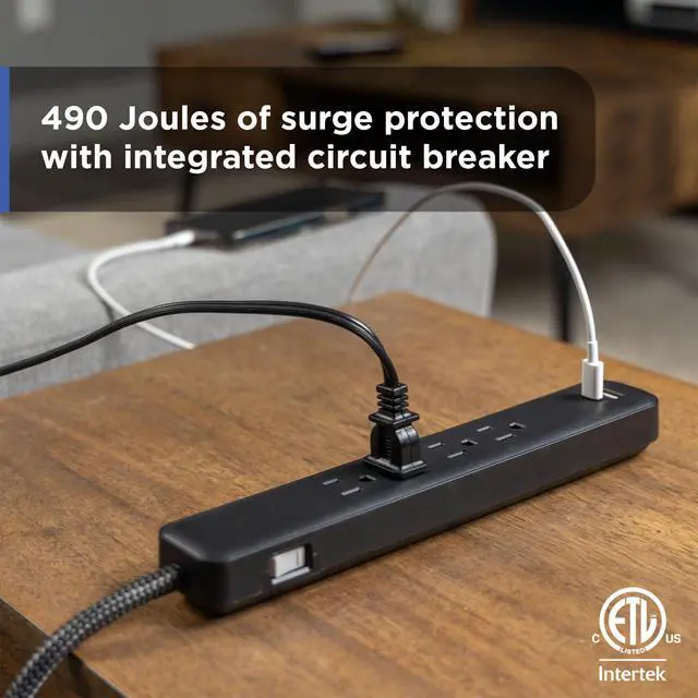 Alt view image 6 of 6 - Surge Protector Power Strip with USB Ports, 3 Ft Braided Extension Cord