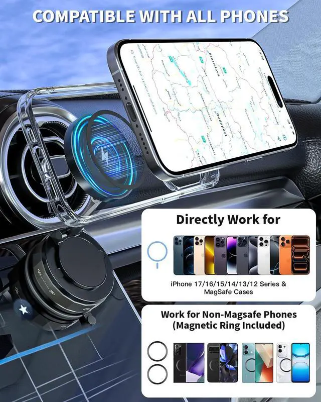 Alt view image 6 of 7 - Mag-Safe Car Mount Charger for iPhone, 15W Magnetic Wireless Fast Charging for Car 360° Adjustable Magnetic Phone Holder Compatible with iPhone 17 16 15 14 13 12 11 X/XS, Samsung S23 Ultra S22 S21 S20