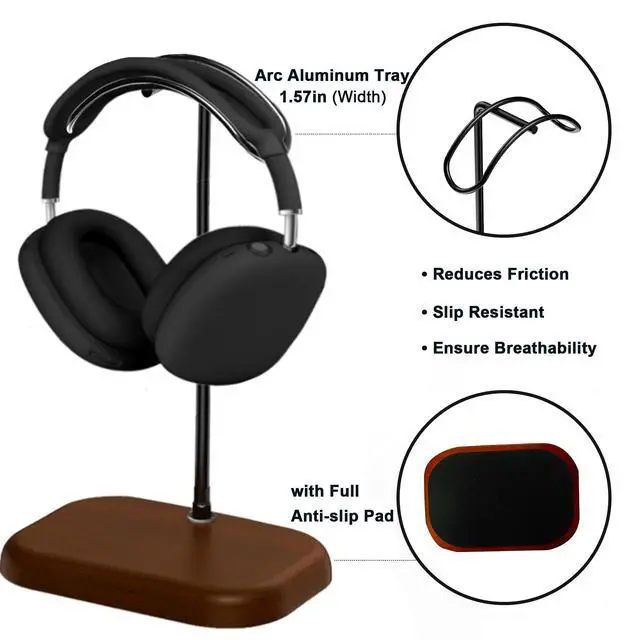 Alt view image 4 of 7 - Stand for Desk- Universal Wood&Aluminum Headset Stand Metal Gaming Headphone Holder with Heavy Duty Base for AirPods Max, Xbox One, Sony, Beats, Most Music Headphones(Sliver)