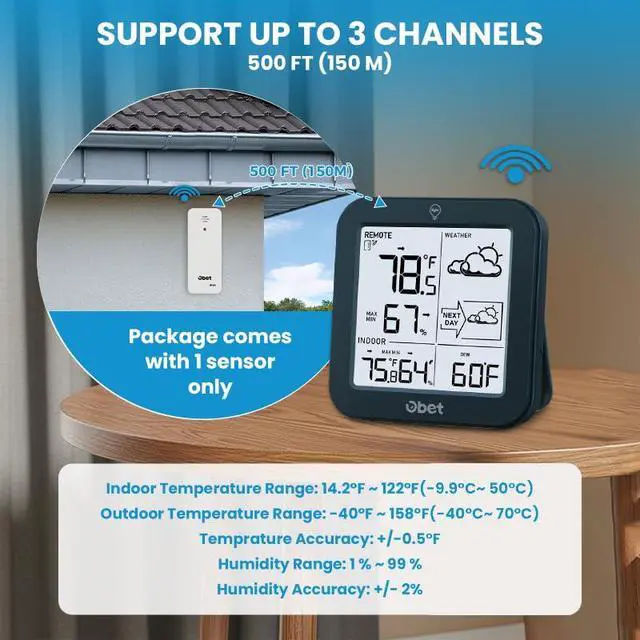 Alt view image 4 of 7 - Outdoor Thermometer Wireless Weather Station Hygrometer Black