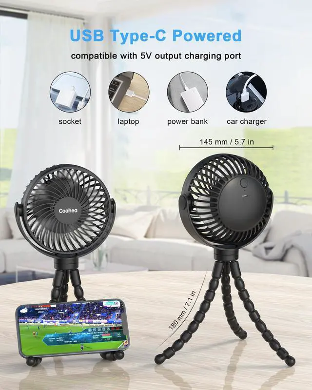 Alt view image 6 of 7 - Stroller Fan Clip on for Baby, 4000mAh Rechargeable Battery Operated, Flexible Tripod, 3 Wind Speed, 360° Rotatable, Small Cooling Portable Fan for Car Seat Crib Golf Cart Bike Treadmill, Black
