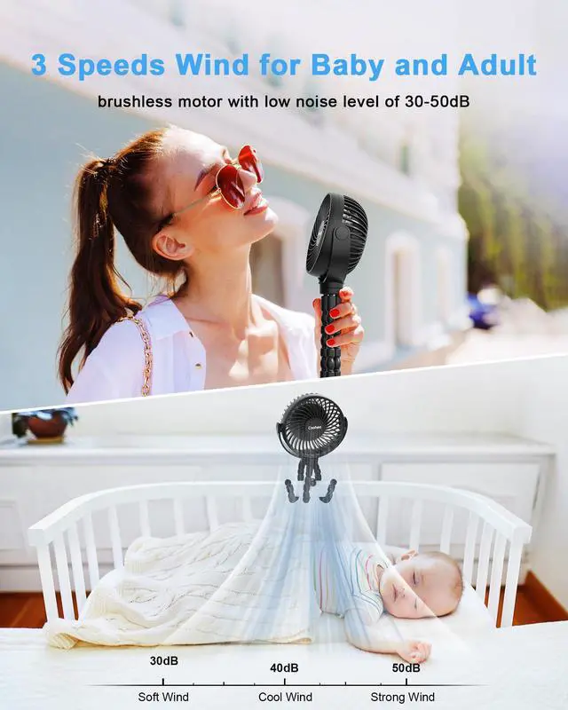 Alt view image 5 of 7 - Stroller Fan Clip on for Baby, 4000mAh Rechargeable Battery Operated, Flexible Tripod, 3 Wind Speed, 360° Rotatable, Small Cooling Portable Fan for Car Seat Crib Golf Cart Bike Treadmill, Black
