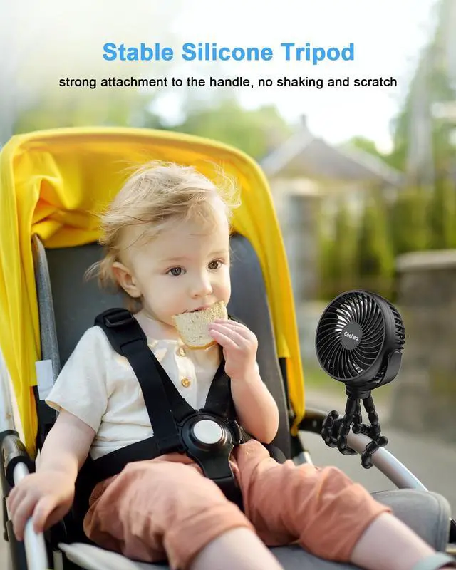 Alt view image 3 of 7 - Stroller Fan Clip on for Baby, 4000mAh Rechargeable Battery Operated, Flexible Tripod, 3 Wind Speed, 360° Rotatable, Small Cooling Portable Fan for Car Seat Crib Golf Cart Bike Treadmill, Black