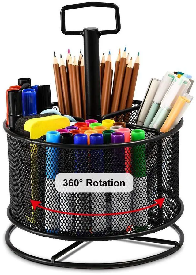 Main image of Mesh Desk Organizer, 360-Degree Rotating Multi-Functional Pen Holder, 4 Compartments Desktop Stationary Organizer, Home Office Art Supply Storage Box Caddy (Black)