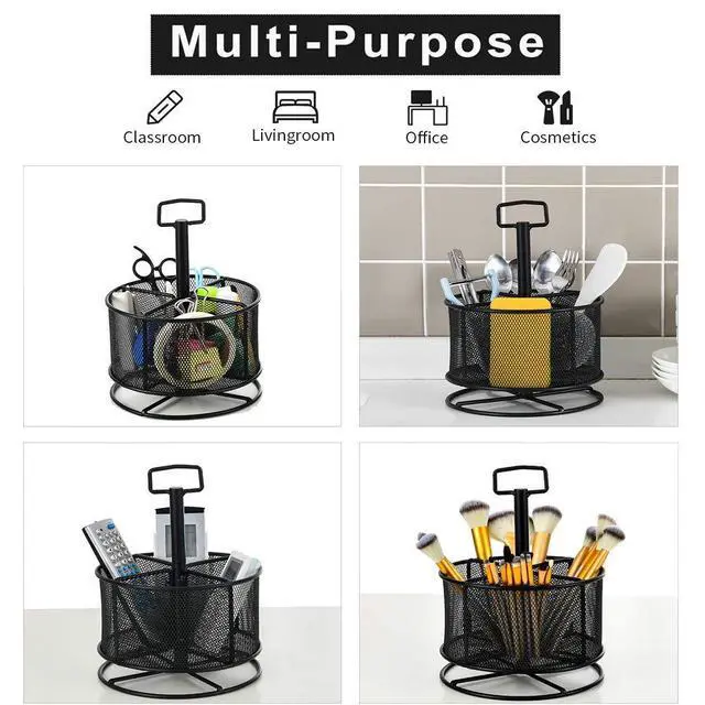 Alt view image 3 of 6 - Mesh Desk Organizer, 360-Degree Rotating Multi-Functional Pen Holder, 4 Compartments Desktop Stationary Organizer, Home Office Art Supply Storage Box Caddy (Black)