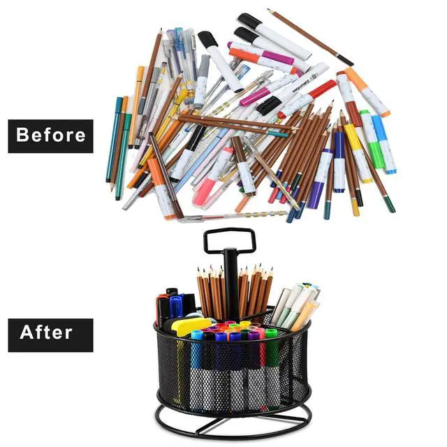 Alt view image 4 of 6 - Mesh Desk Organizer, 360-Degree Rotating Multi-Functional Pen Holder, 4 Compartments Desktop Stationary Organizer, Home Office Art Supply Storage Box Caddy (Black)