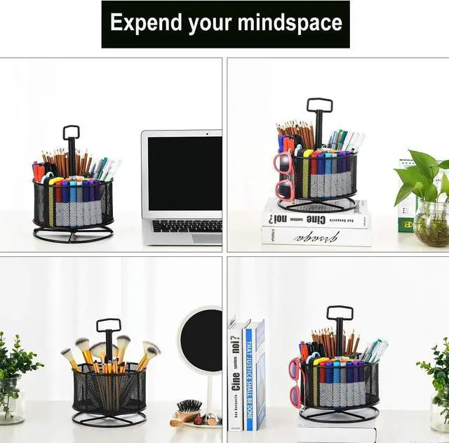 Alt view image 5 of 6 - Mesh Desk Organizer, 360-Degree Rotating Multi-Functional Pen Holder, 4 Compartments Desktop Stationary Organizer, Home Office Art Supply Storage Box Caddy (Black)