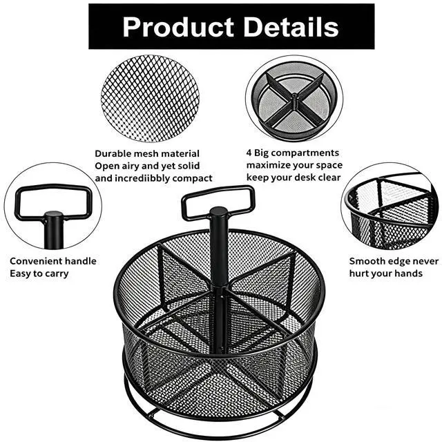 Alt view image 6 of 6 - Mesh Desk Organizer, 360-Degree Rotating Multi-Functional Pen Holder, 4 Compartments Desktop Stationary Organizer, Home Office Art Supply Storage Box Caddy (Black)