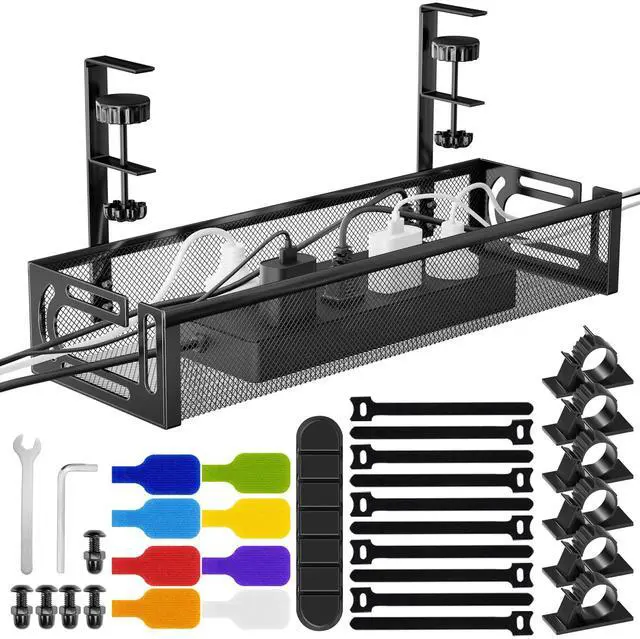 Main image of No Drill Under Desk Cable Management Tray, SONATURE 15.7" Cord Organizer for Table, Clamp Mount Desk Cable Management, Premium Carbon Steel Cable Organizer for Office, Home (Black)