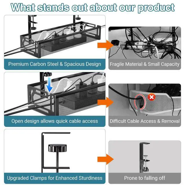 Alt view image 2 of 7 - No Drill Under Desk Cable Management Tray, SONATURE 15.7" Cord Organizer for Table, Clamp Mount Desk Cable Management, Premium Carbon Steel Cable Organizer for Office, Home (Black)