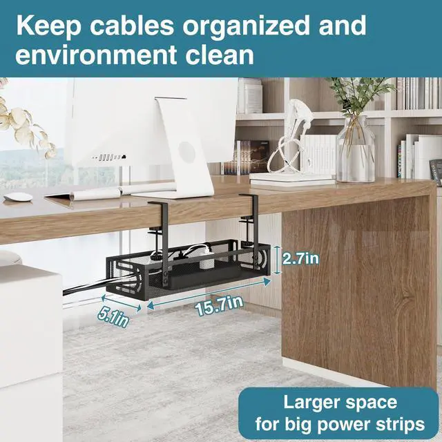 Alt view image 3 of 7 - No Drill Under Desk Cable Management Tray, SONATURE 15.7" Cord Organizer for Table, Clamp Mount Desk Cable Management, Premium Carbon Steel Cable Organizer for Office, Home (Black)