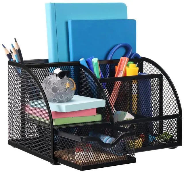 Main image of Mesh Pen Pencil Holder Desk Organizer, 7 Compartment Wire Desktop Pen Pencil Cup Caddy Office Supplies for Home Office School, Black