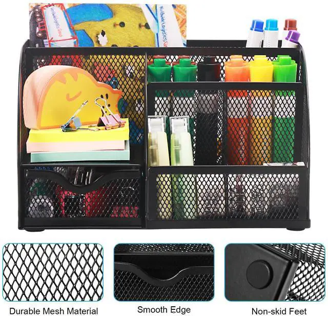 Alt view image 3 of 6 - Mesh Pen Pencil Holder Desk Organizer, 7 Compartment Wire Desktop Pen Pencil Cup Caddy Office Supplies for Home Office School, Black
