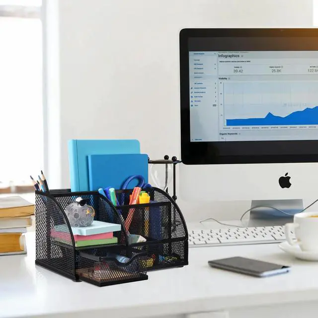 Alt view image 5 of 6 - Mesh Pen Pencil Holder Desk Organizer, 7 Compartment Wire Desktop Pen Pencil Cup Caddy Office Supplies for Home Office School, Black