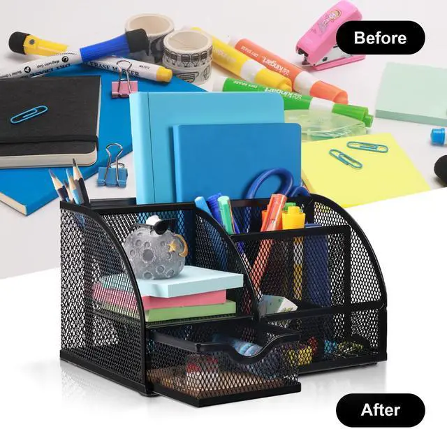 Alt view image 6 of 6 - Mesh Pen Pencil Holder Desk Organizer, 7 Compartment Wire Desktop Pen Pencil Cup Caddy Office Supplies for Home Office School, Black