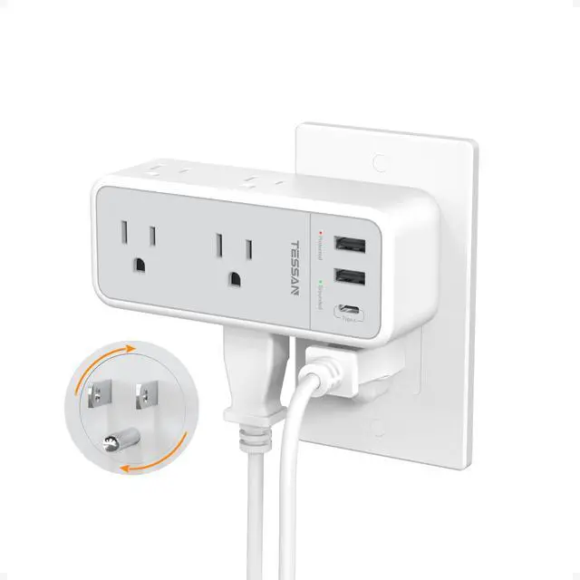Main image of Outlet Splitter with 360 Rotating Plug, 1800J Surge Protector, Grey