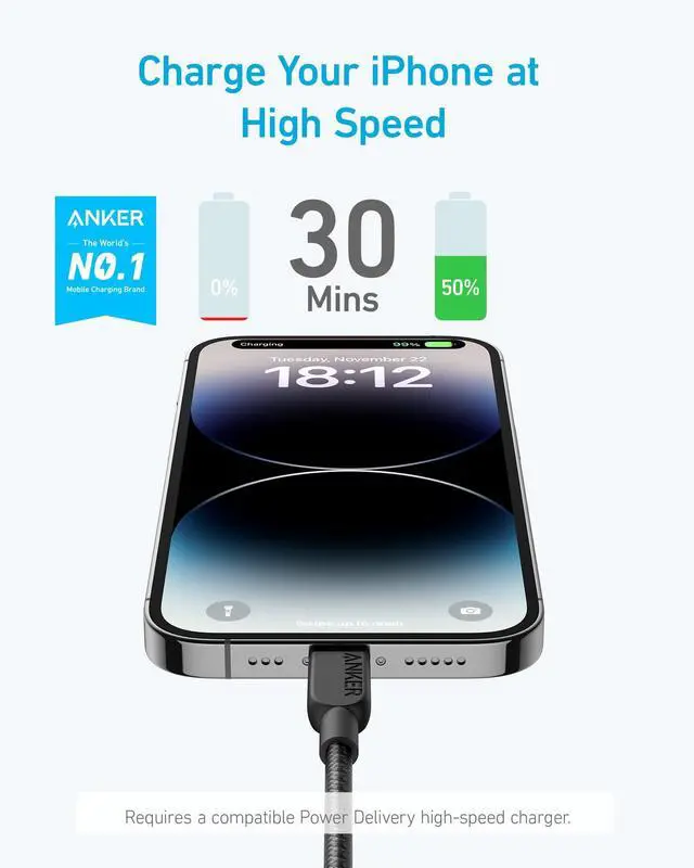Alt view image 2 of 5 - 310 USB C to Lightning Cable, MFi-Certified Cord (3 ft, Black)