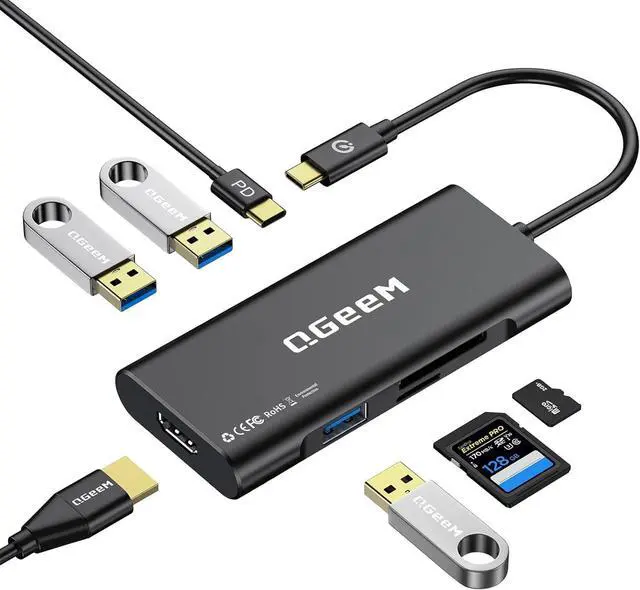 Main image of USB C Hub, QGeeM USB 4k to HDMI Adapter, 7 in 1 USB-C Dongle with 100W PD,USB 3.0, Card Reader, Compatible for MacBook iPhone 15/17 Ipad Pro max,Chromebook Laptop USB Type C Dock-Black