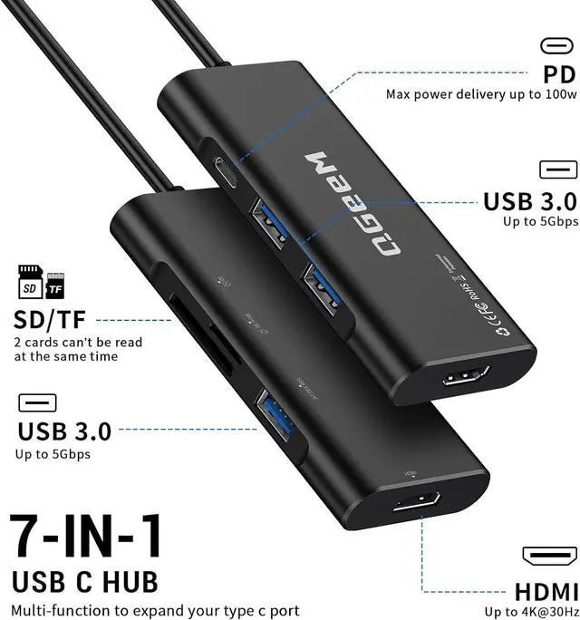 Alt view image 2 of 7 - USB C Hub, QGeeM USB 4k to HDMI Adapter, 7 in 1 USB-C Dongle with 100W PD,USB 3.0, Card Reader, Compatible for MacBook iPhone 15/17 Ipad Pro max,Chromebook Laptop USB Type C Dock-Black