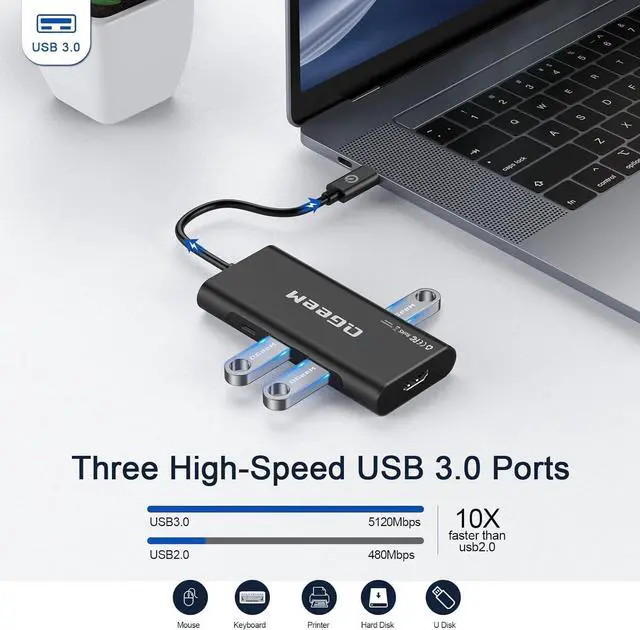 Alt view image 5 of 7 - USB C Hub, QGeeM USB 4k to HDMI Adapter, 7 in 1 USB-C Dongle with 100W PD,USB 3.0, Card Reader, Compatible for MacBook iPhone 15/17 Ipad Pro max,Chromebook Laptop USB Type C Dock-Black