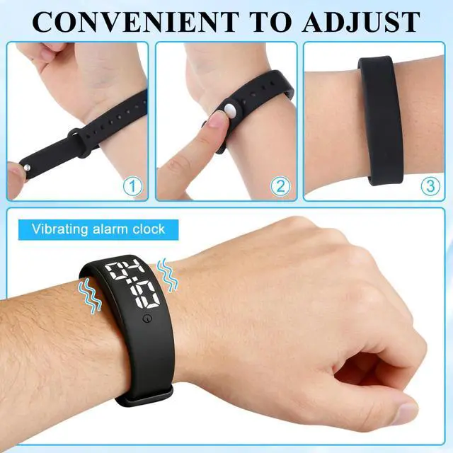 Alt view image 7 of 7 - Vibrating Alarm Wristband for Heavy Sleepers, Silent Vibration Alarm Clock Watch with Real Temperature LED Display, Wearable Wake Up Bracelet Shock Watch for Men Women, USB Charging