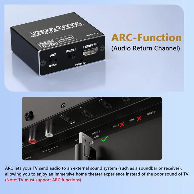 Alt view image 2 of 7 - HDMI ARC Audio Extractor, 4K@60Hz HDMI Audio Extractor Splitter, with Optical SPDIF & 3.5mm Output, TV to Optical Toslink SPDIF Stereo, Supports HDCP 2.2 DTS 5.1 for TV, Soundbar, Home Theater