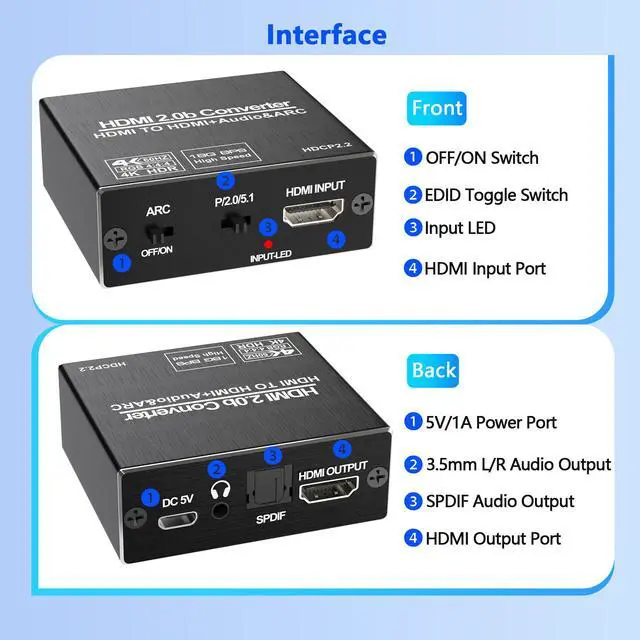 Alt view image 5 of 7 - HDMI ARC Audio Extractor, 4K@60Hz HDMI Audio Extractor Splitter, with Optical SPDIF & 3.5mm Output, TV to Optical Toslink SPDIF Stereo, Supports HDCP 2.2 DTS 5.1 for TV, Soundbar, Home Theater