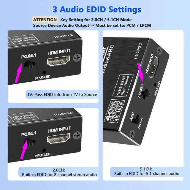 Alt view image 6 of 7 - HDMI ARC Audio Extractor, 4K@60Hz HDMI Audio Extractor Splitter, with Optical SPDIF & 3.5mm Output, TV to Optical Toslink SPDIF Stereo, Supports HDCP 2.2 DTS 5.1 for TV, Soundbar, Home Theater