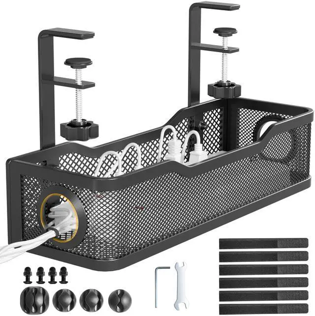 Main image of Under Desk Cable Management Tray Black, Cinati Wire Organizers No Drill, Cable Tray with Clamp for Wire Management, Cord Organization Box for Office, Home - No Damage to Desk