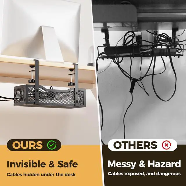 Alt view image 3 of 7 - Under Desk Cable Management Tray Black, Cinati Wire Organizers No Drill, Cable Tray with Clamp for Wire Management, Cord Organization Box for Office, Home - No Damage to Desk