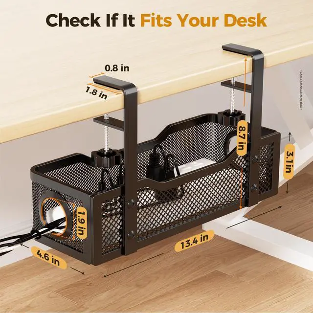 Alt view image 5 of 7 - Under Desk Cable Management Tray Black, Cinati Wire Organizers No Drill, Cable Tray with Clamp for Wire Management, Cord Organization Box for Office, Home - No Damage to Desk