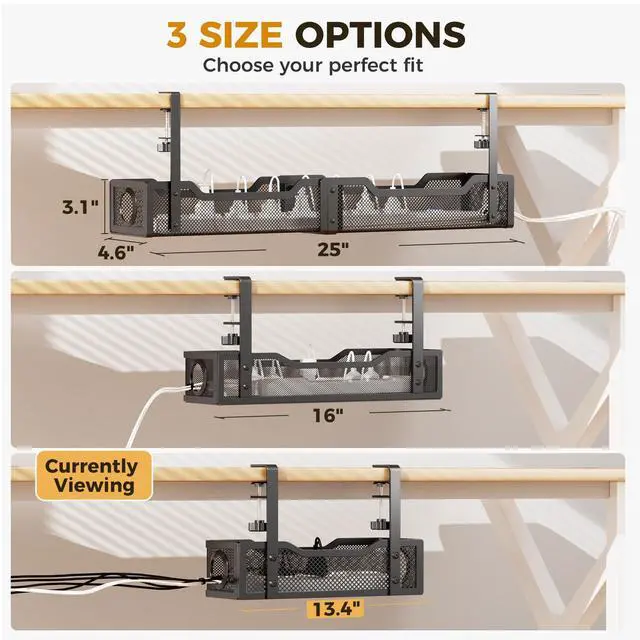 Alt view image 6 of 7 - Under Desk Cable Management Tray Black, Cinati Wire Organizers No Drill, Cable Tray with Clamp for Wire Management, Cord Organization Box for Office, Home - No Damage to Desk