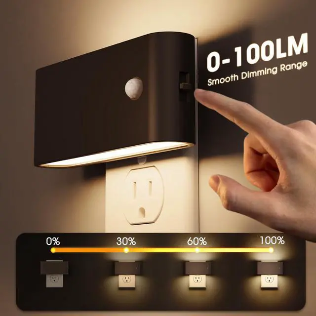 Alt view image 3 of 7 - Motion Sensor Night Light,0-100LM Dimmable Nightlight,3000K,Black