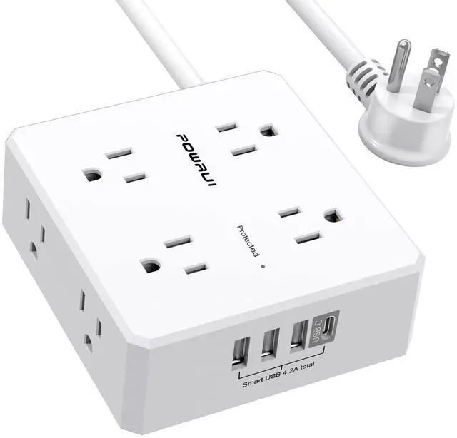 Main image of 10Ft Surge Protector Power Strip - Flat Plug Extension Cord with 8 Widely Outlets and 4 USB Ports(1 USB C), 3 Side Outlet Extender for Home Office Dorm Room Essentials, WhiteETL Listed