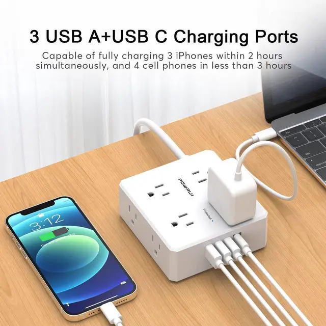 Alt view image 3 of 7 - 10Ft Surge Protector Power Strip - Flat Plug Extension Cord with 8 Widely Outlets and 4 USB Ports(1 USB C), 3 Side Outlet Extender for Home Office Dorm Room Essentials, WhiteETL Listed