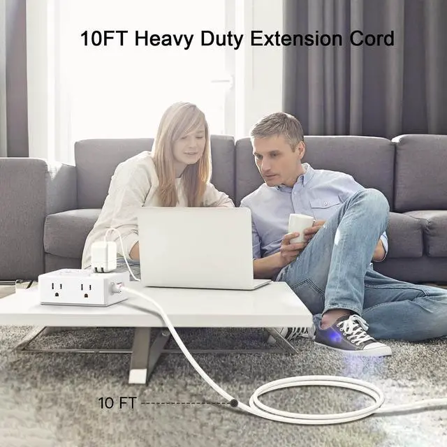 Alt view image 4 of 7 - 10Ft Surge Protector Power Strip - Flat Plug Extension Cord with 8 Widely Outlets and 4 USB Ports(1 USB C), 3 Side Outlet Extender for Home Office Dorm Room Essentials, WhiteETL Listed