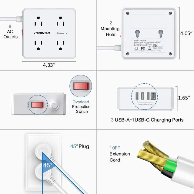 Alt view image 7 of 7 - 10Ft Surge Protector Power Strip - Flat Plug Extension Cord with 8 Widely Outlets and 4 USB Ports(1 USB C), 3 Side Outlet Extender for Home Office Dorm Room Essentials, WhiteETL Listed