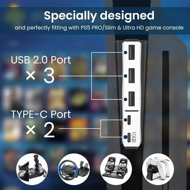 Alt view image 3 of 7 - USB Hub for PS5 Slim & PS5 Pro USB Port Extender High-Speed Expansion Hub Extender PlayStation 5 Slim & PlayStation 5 Pro Adapter with 3 USB + 2 Type C Port(One Up to 10Gbps)