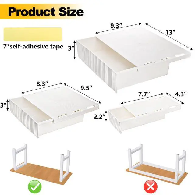Alt view image 2 of 7 - 3 Pack Under Desk Drawer Slide Out, Self-Adhesive Under Table Drawer, Hidden Attachable Under Desk Storage Drawers, Stick on Drawers for Office, Home, School, White