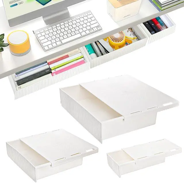 Main image of 3 Pack Under Desk Drawer Slide Out, Self-Adhesive Under Table Drawer, Hidden Attachable Under Desk Storage Drawers, Stick on Drawers for Office, Home, School, White