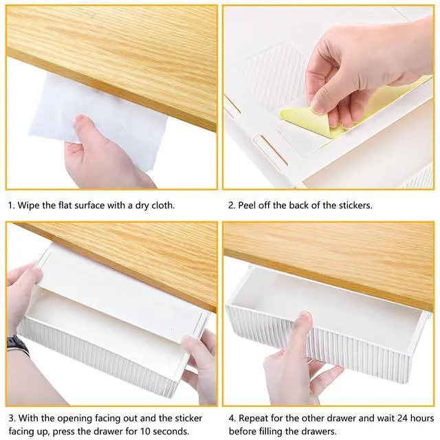 Alt view image 3 of 7 - 3 Pack Under Desk Drawer Slide Out, Self-Adhesive Under Table Drawer, Hidden Attachable Under Desk Storage Drawers, Stick on Drawers for Office, Home, School, White