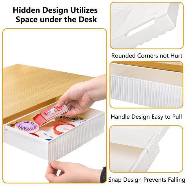 Alt view image 4 of 7 - 3 Pack Under Desk Drawer Slide Out, Self-Adhesive Under Table Drawer, Hidden Attachable Under Desk Storage Drawers, Stick on Drawers for Office, Home, School, White