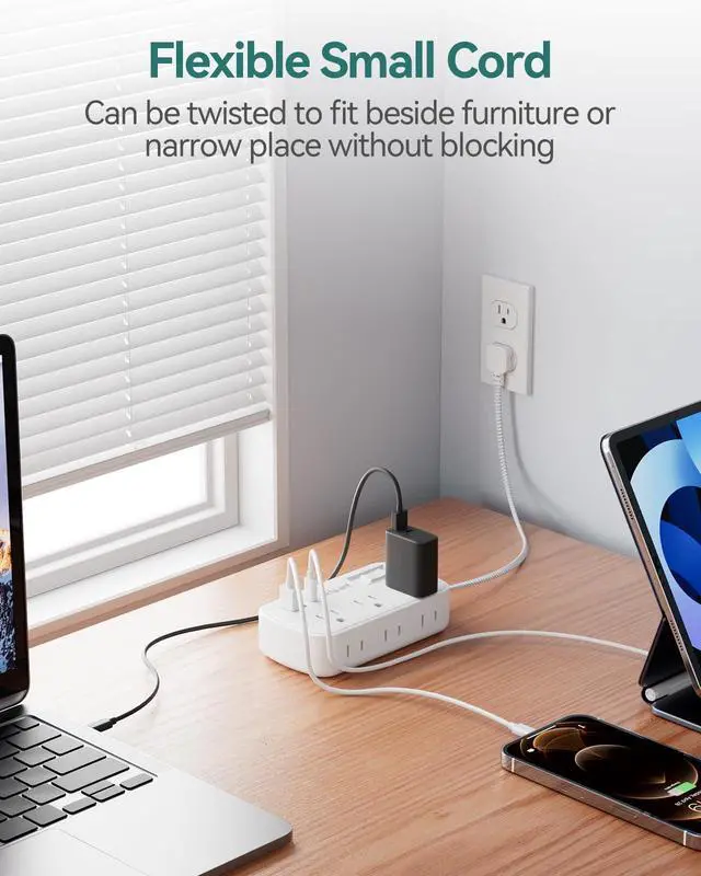 Alt view image 2 of 7 - Cord 1 FT - Small Power Strip Flat Outlet Extender Surge Protector with 6 AC Outlets & 3 USB Ports, Mini Extension Cord Flat Wall Plug for Home Office Dorm Kitchen Bathroom Essentials