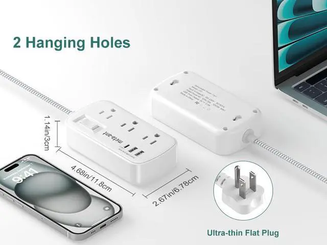 Alt view image 6 of 7 - Cord 1 FT - Small Power Strip Flat Outlet Extender Surge Protector with 6 AC Outlets & 3 USB Ports, Mini Extension Cord Flat Wall Plug for Home Office Dorm Kitchen Bathroom Essentials