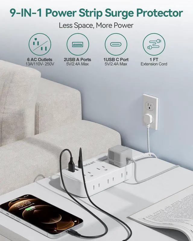 Alt view image 3 of 7 - Cord 1 FT - Small Power Strip Flat Outlet Extender Surge Protector with 6 AC Outlets & 3 USB Ports, Mini Extension Cord Flat Wall Plug for Home Office Dorm Kitchen Bathroom Essentials